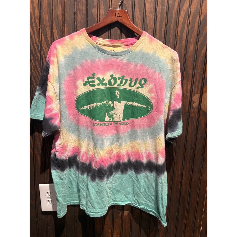 Bob Marley & The Wailers Exodus Tie Dye Graphic T-Shirt Pink Teal Yellow XL